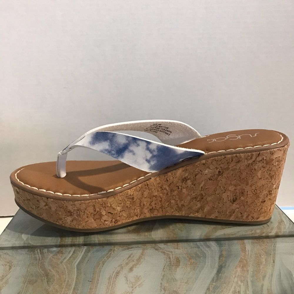 Sugar Sandals Women's Size 8 Blue Tie-Dye Cork Wedge Open-Toe NIB - Picture 9 of 12